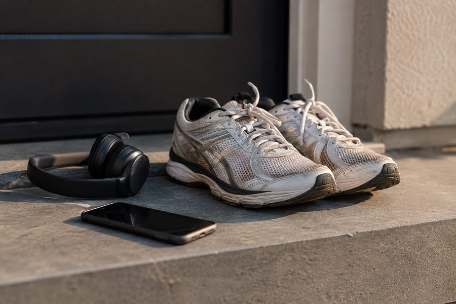 Laufschuhe, Kopfhoerer und Smartphone im ersten Morgenlicht auf einer Treppenstufe — Der Drill: Keine Ausreden