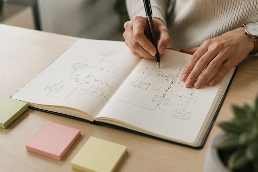 Haende zeichnen eine Uebersicht in ein Notizbuch, daneben bunte Haftnotizen — Workbook Finde deinen Weg
